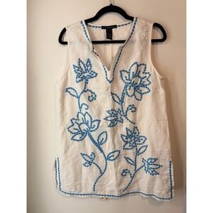 Grace Elements Linen Blend Tunic Cover Up White Blue Paisley Embroidery Medium V